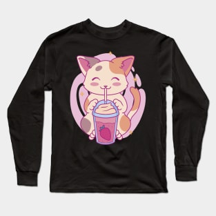 Neko Cat Strawberry Tea Milkshake | Japanese Anime Kawaii Long Sleeve T-Shirt